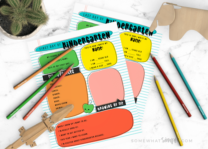 colorful pages that have interview questions for your child's first and last day of kindergarten