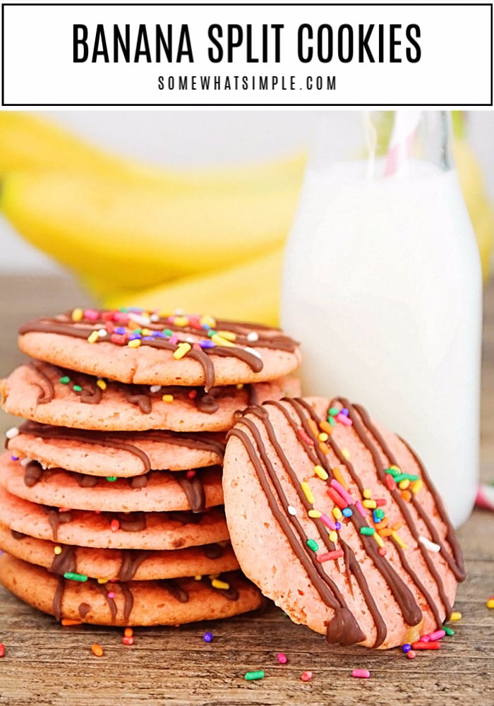 If you've never made pudding cookies before, you're in for a special treat! These Banana Split Pudding Cookies are a new family favorite!  #bananapuddingcookies #bananacakemixcookies #easybananapuddingmixcookies #bananapuddingcookierecipe #bananapuddingcookieswithchocolate via @somewhatsimple