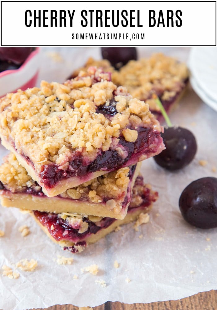 Buttery shortbread topped with cherry jam, fresh cherries and a crumbly topping. These Cherry Streusel Bars are mind-blowingly delicious and SO easy to make! #cherrystreusel #cherrystreuselbars #cherrystreuseldessertbars #howtomakecherrystreuselbars  #cherrydessertbarsrecipe via @somewhatsimple