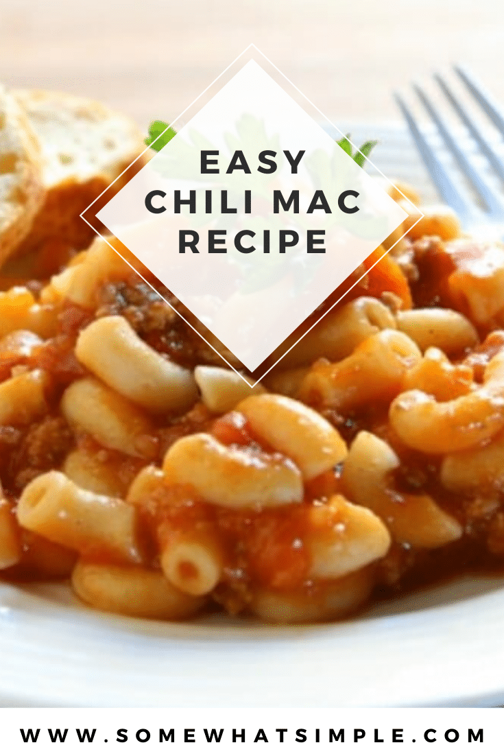 Chili mac is a delicious twist on a classic dinner recipe your family will love.  Made with just a few simple ingredients, and ready in just minutes, it's the perfect meal for a busy night. #chilimac #chilimacaroni #easychilimacrecipe #chilimacandcheese #chilimaccasserole via @somewhatsimple