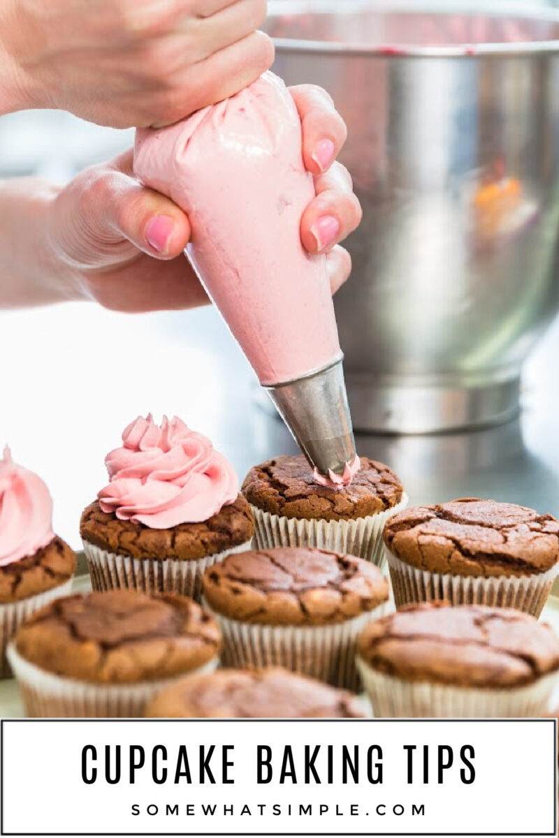 long image of cupcake baking tips with a woman frosting chocolate cupcakes