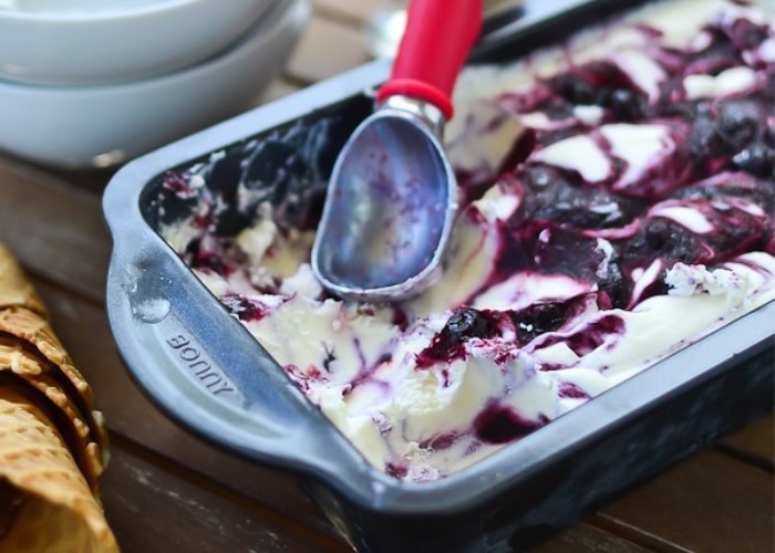 a pan of homemade blueberry ice cream 