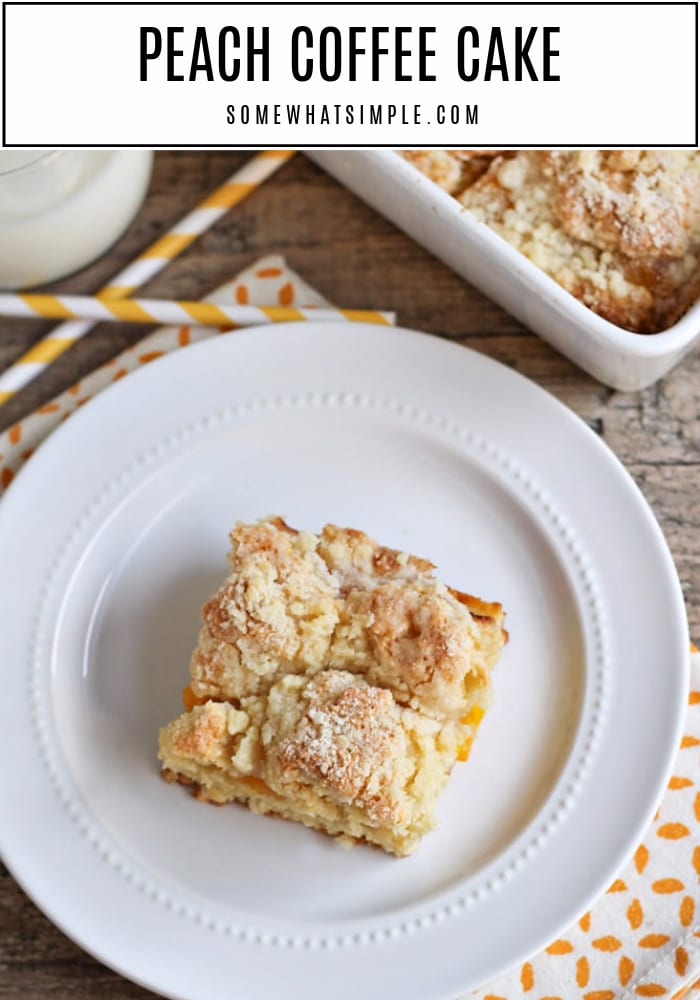 This peach streusel coffee cake is simple to throw together and tastes spectacular! It's perfect for breakfast, brunch, snacking, or dessert. #peachcoffeecake #peachcoffeecakerecipe #peachcoffeecakewithstreuseltopping #easypeachcoffeecakerecipe #breakfastpeachcoffeecake via @somewhatsimple