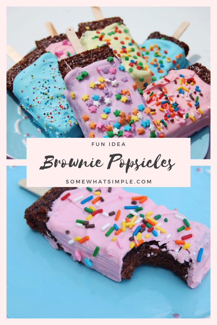 Popsicle brownies are a fun a delicious way to dress up a classic dessert that'll make them even more fun to eat!  Made using your favorite brownie recipe and few other simple ingredients, they'll be ready in no time! #browniepopsicles #kidsdessert #chocolatebrowniepopsicles #kidsdessertidea #funbrownierecipe via @somewhatsimple