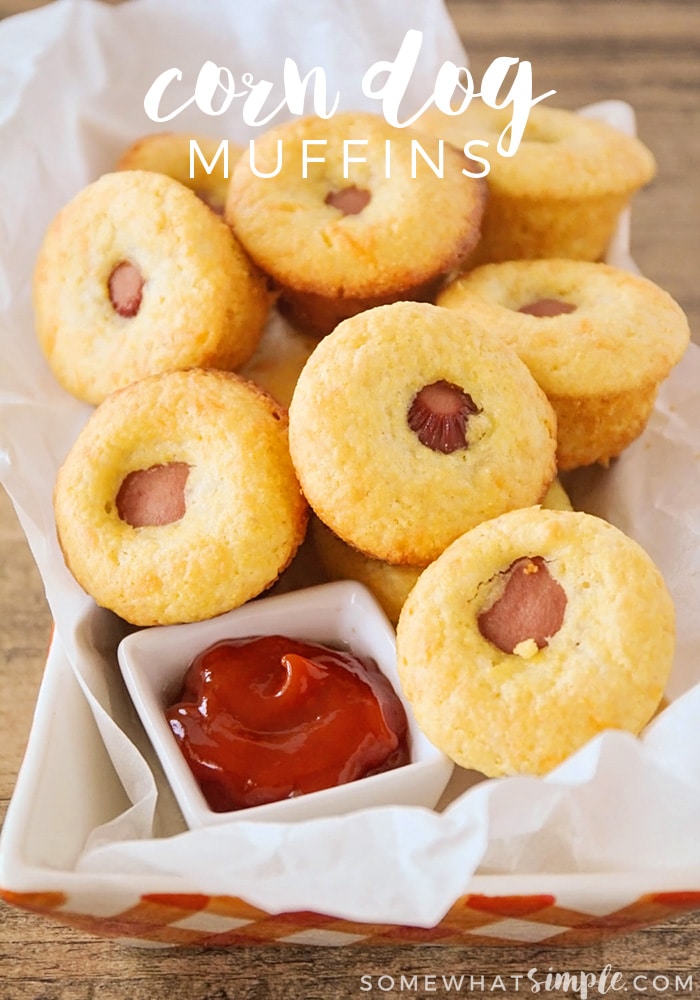 Corn dog muffins are perfect for lunch, an afternoon snack or a party appetizer! Made with Jiffy cornbread mix so they're easy to throw together and taste amazing! via @somewhatsimple