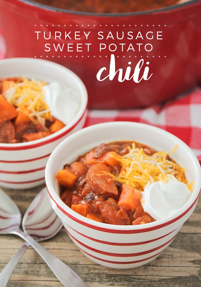 This savory and hearty turkey sausage sweet potato chili recipe is the perfect dinner for a chilly fall evening. It's made with sweet potatoes, black beans, sausage and a blend of delicious spices. It's so easy to make, it only takes 10 minutes to prep. I promise you'll love this homemade chili recipe. via @somewhatsimple