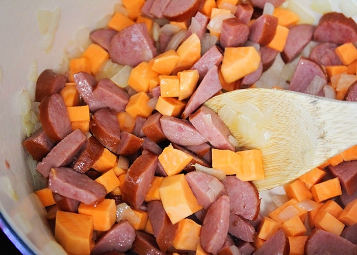 diced sausage, sweet potatoes and vegetables