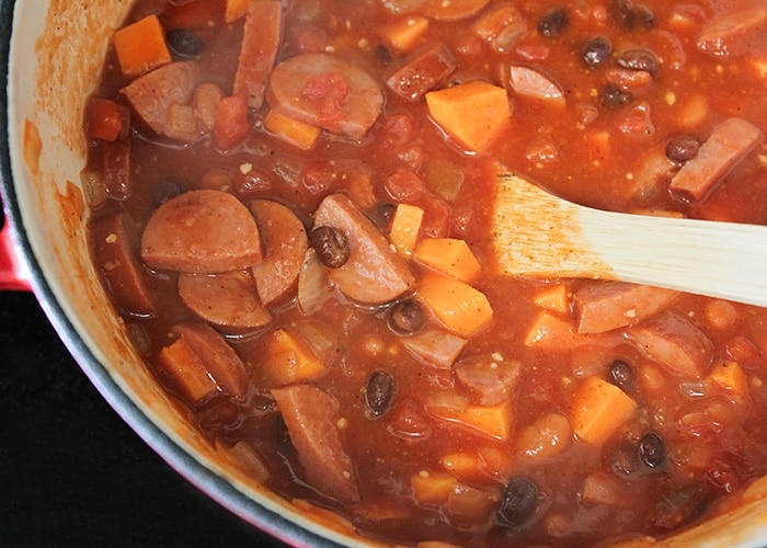 a pot of black bean sweet potato chili