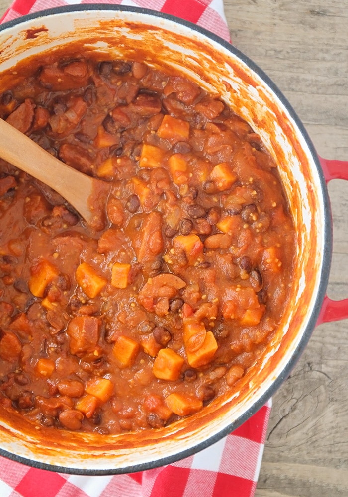 a pot of Turkey Sausage Sweet Potato Chili