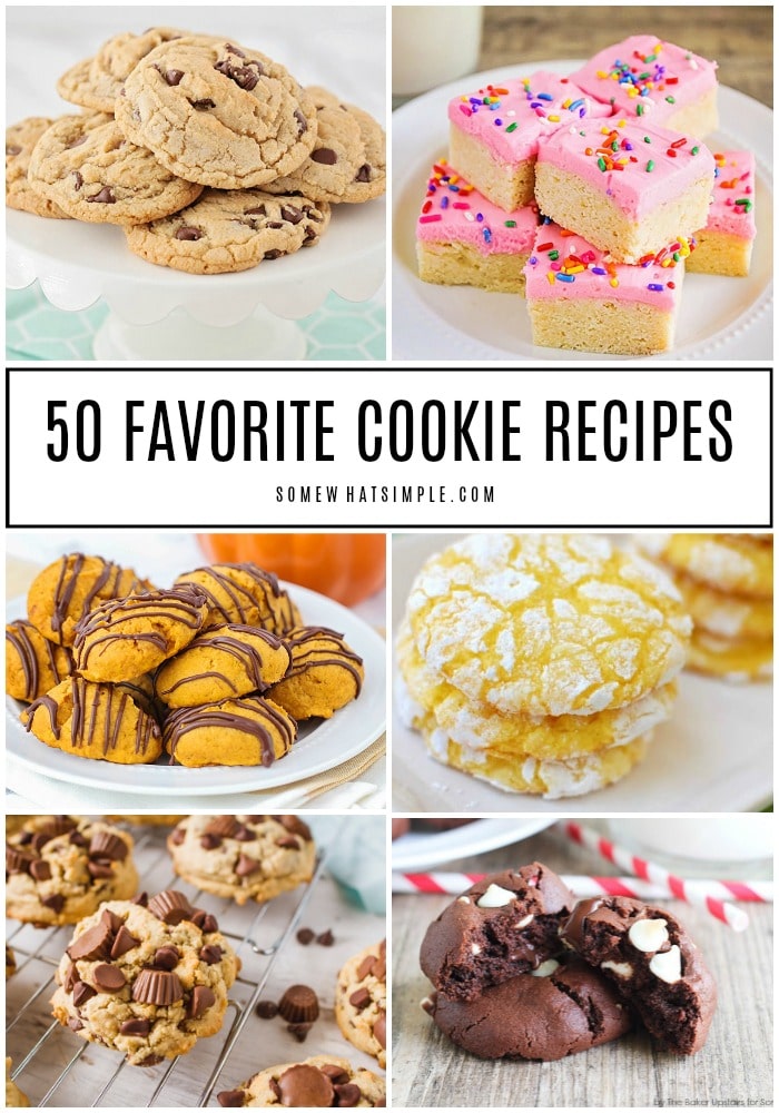 Everyone has their favorite cookie recipes, but you just might find your newest addiction on the list below. We're sharing 50 favorite cookie recipes from blogs we LOVE! From chocolate chip cookies, to sugar cookies, to cake mix cookies and everything in between. There's a recipe you're definitely going to love! #easycookierecipes #bestcookierecipes #homemadecookierecipes #sugarcookies #cakemixcookies via @somewhatsimple