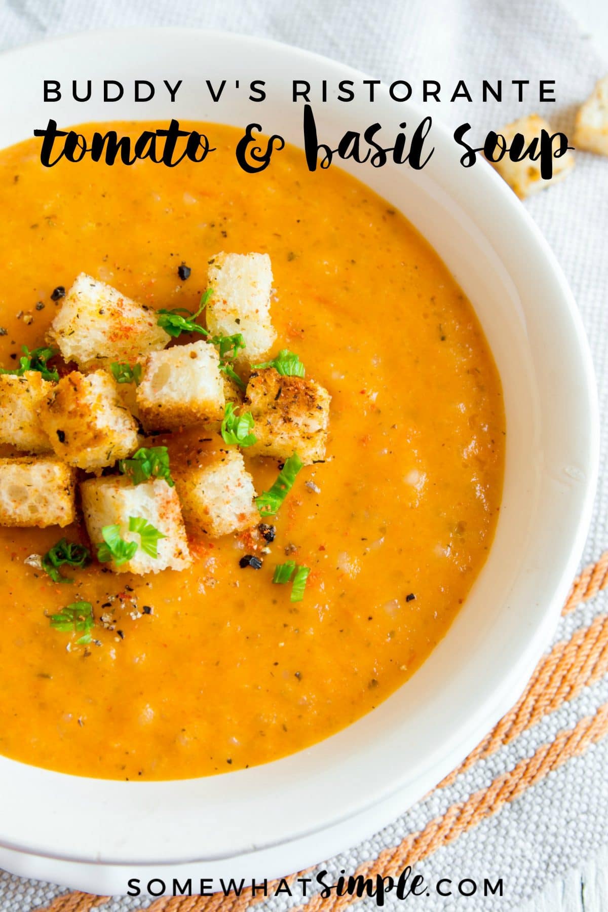 You can now make and enjoy Buddy V's famous tomato and basil soup at home. This creamy soup recipe is easy to make and the perfect meal on a cold day. It will quickly become one of your family's favorite soup recipes. via @somewhatsimple