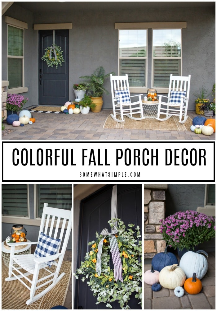 It's Time To Fill Our Courtyard With All Things Pumpkin And Break Out The Firewood For Evenings Of Bonfires And S'mores! Here Is Our Fun Fall Porch Decor Plus How We Updated Our Home To Better Secure It For The Holidays. #fallporch #pumpkinsonporch #colorfulpumpkin #pumpkindecor #homesecurity #securitycamera via @somewhatsimple