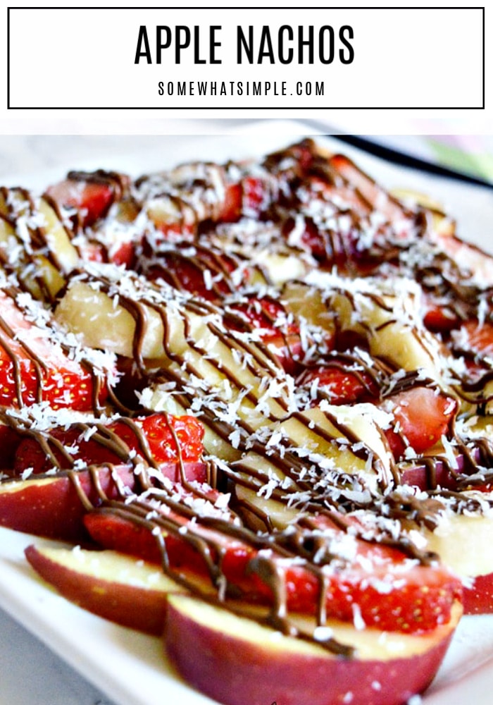 All the delicious flavors of a traditional caramel apple, but easier to make and eat! These Apple Nachos are a tasty little treat that can be ready in 5 minutes! #applenachos #applenachosrecipe #caramelapplenachos #howtomakeapplenachos #chocolateapplenachos via @somewhatsimple