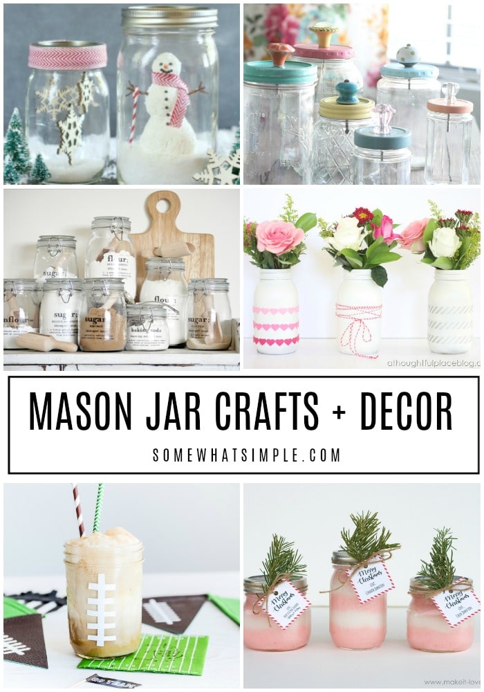 It's time to turn those empty mason jars into something practical and pretty! Here are 40 Mason Jar crafts, gifts and decor Ideas. #masonjarcrafts #masonjarcenterpieces #masonjardecorations #masonjardecorideas #masonjarideas via @somewhatsimple