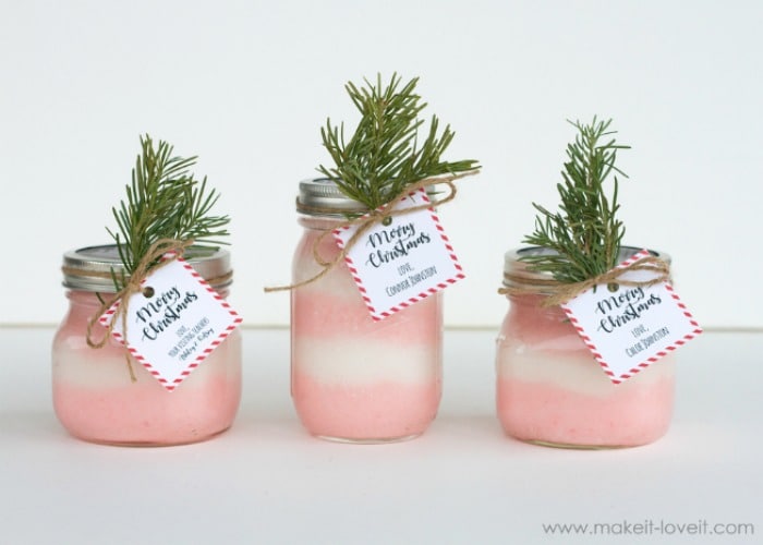 peppermint scrub in a jar with a christmas gift tag hanging from it