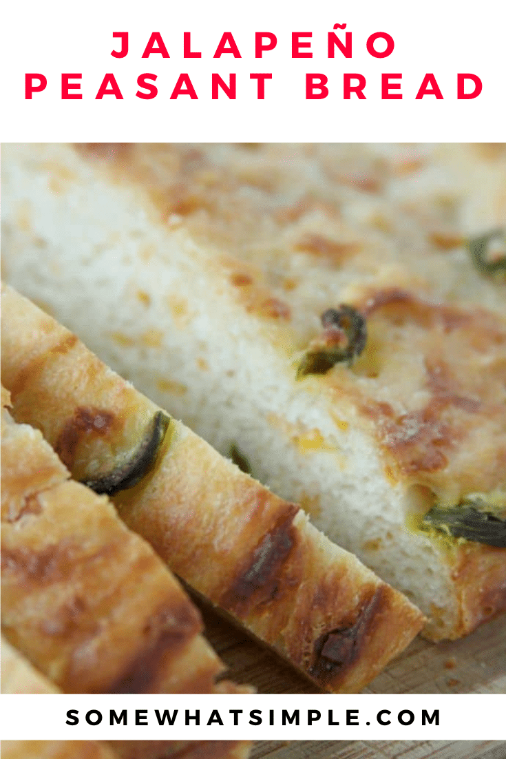 This French peasant bread recipe is loaded with the delicious flavor combination of jalapeños and cheddar cheese. Plus, this recipe doesn't require any kneading so it's super easy to make. via @somewhatsimple