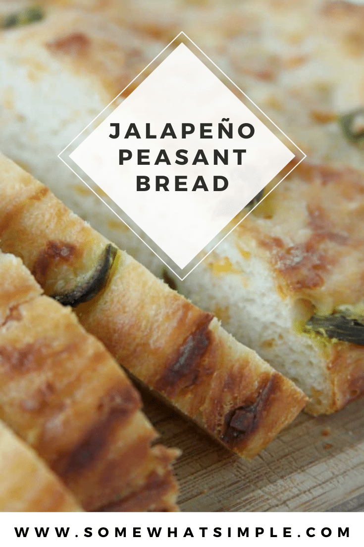 This French peasant bread recipe is loaded with the delicious flavor combination of jalapeños and cheddar cheese. Plus, this recipe doesn't require any kneading so it's super easy to make. via @somewhatsimple