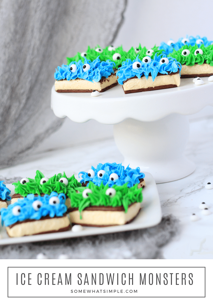 Monster ice cream sandwiches are not only adorable, they are also super easy to make! get the kids involved in making their own, or whip up a bunch for your next Monster Mash!Mash! #monstericecreamsandwich #monsterdessert #halloweenicecream #halloweendessertidea #monsterdessertrecipe via @somewhatsimple