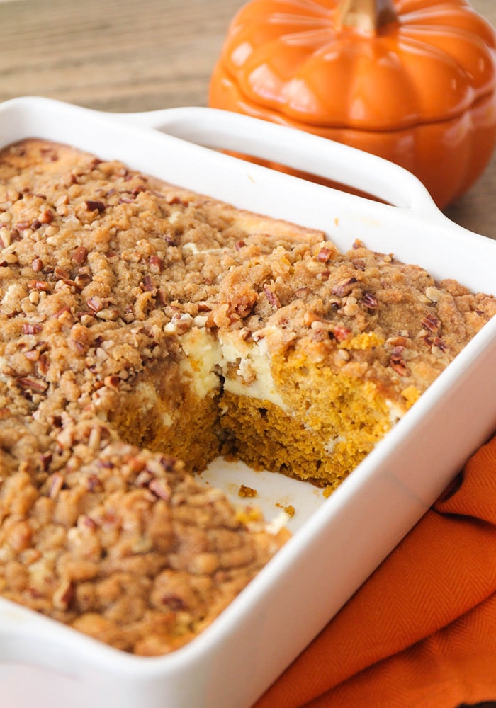 a pan of Pumpkin Cream Cheese Coffee Cake