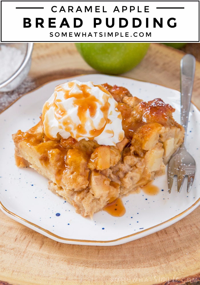 This Caramel Apple Bread Pudding is filled with chunks of apples and sweet caramel sauce. It’s the perfect dessert to make this Fall! #caramelapple #breadpudding #dessert #easy via @somewhatsimple