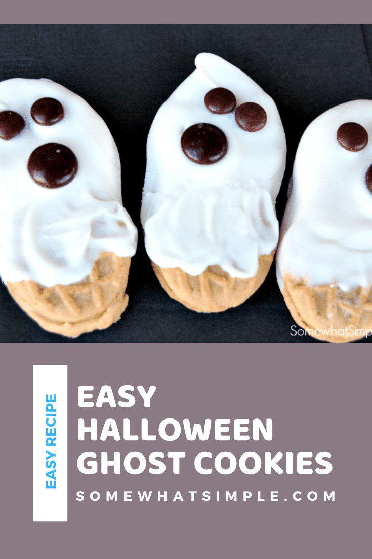 These simple ghost cookies are the perfect Halloween treat to make with the kids! They're made with only 3 ingredients and require almost no prep to pull together. via @somewhatsimple