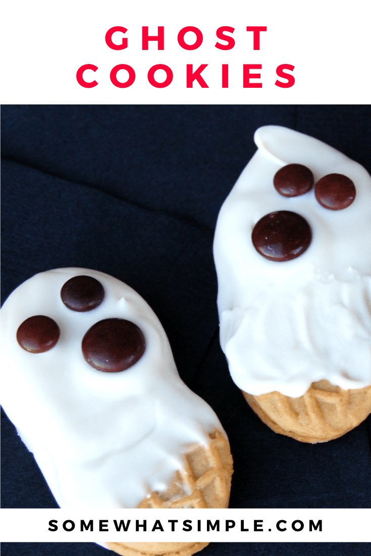 These simple ghost cookies are the perfect Halloween treat to make with the kids! They're made with only 3 ingredients and require almost no prep to pull together. via @somewhatsimple