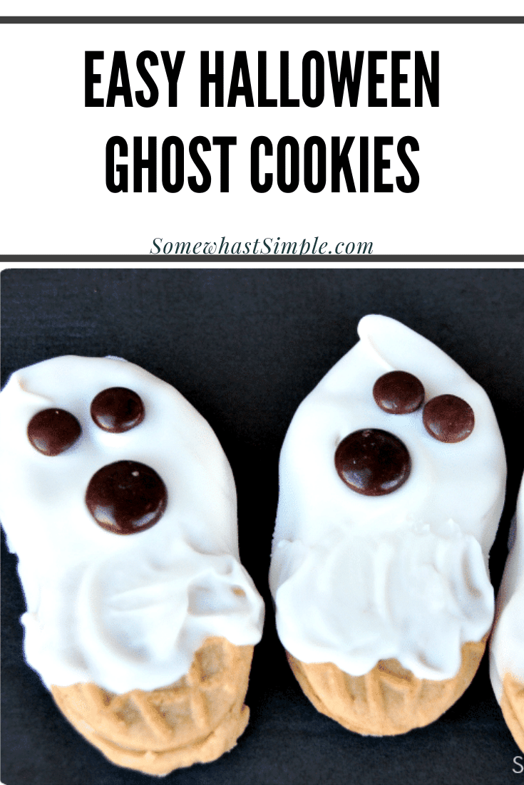 These simple ghost cookies are the perfect Halloween treat to make with the kids! They're made with only 3 ingredients and require almost no prep to pull together. via @somewhatsimple
