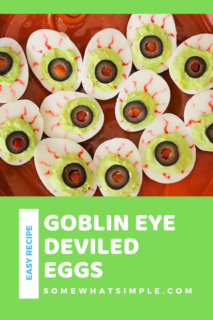 Goblin Eyes are a festive food for a Halloween party that taste great too! These delicious appetizers are super easy to make and make the perfect starter. Just take a regular deviled egg and make a few minor modifications and you're all set! via @somewhatsimple