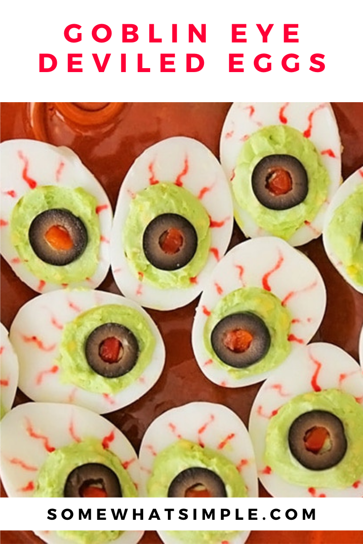 Goblin Eyes are a festive food for a Halloween party that taste great too! These delicious appetizers are super easy to make and make the perfect starter. Just take a regular deviled egg and make a few minor modifications and you're all set! via @somewhatsimple