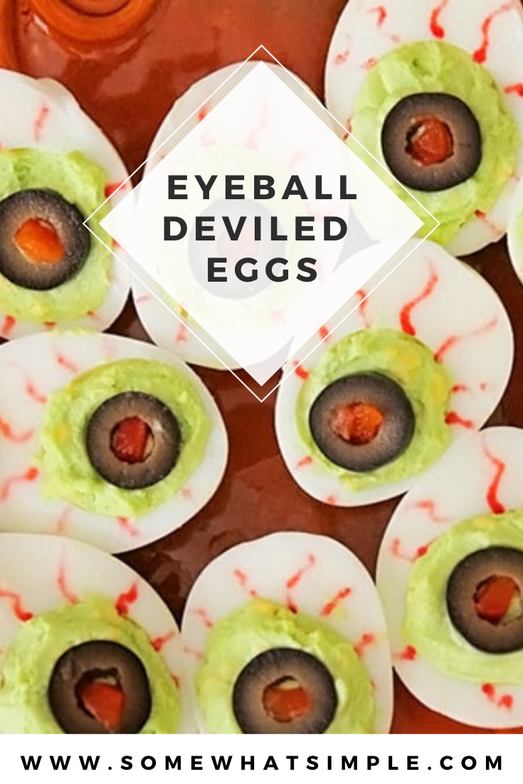 Goblin Eyes are a festive food for a Halloween party that taste great too! These delicious appetizers are super easy to make and make the perfect starter. Just take a regular deviled egg and make a few minor modifications and you're all set! via @somewhatsimple