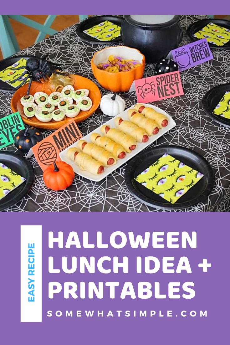 A Halloween lunch is a fun way to celebrate this spooky holiday with your kids! With fun food recipes to try there will be something everyone can enjoy. Plus, grab your free downloadable party food printables to make your table look its best! via @somewhatsimple