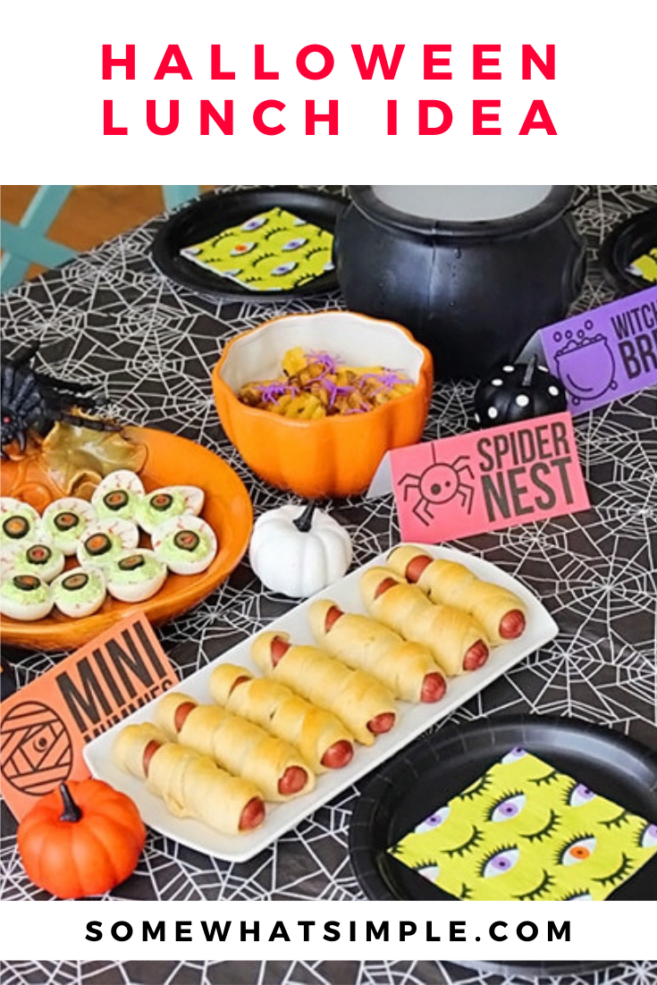 A Halloween lunch is a fun way to celebrate this spooky holiday with your kids! With fun food recipes to try there will be something everyone can enjoy. Plus, grab your free downloadable party food printables to make your table look its best! via @somewhatsimple