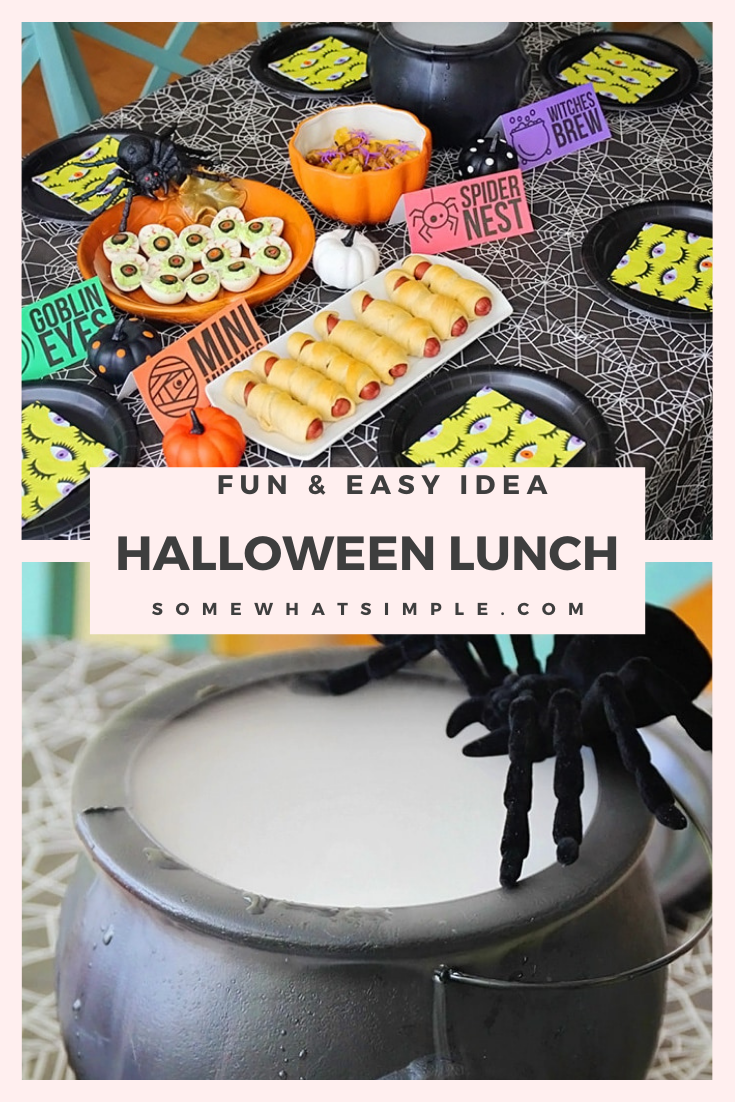 A Halloween lunch is a fun way to celebrate this spooky holiday with your kids! With fun food recipes to try there will be something everyone can enjoy. Plus, grab your free downloadable party food printables to make your table look its best! via @somewhatsimple