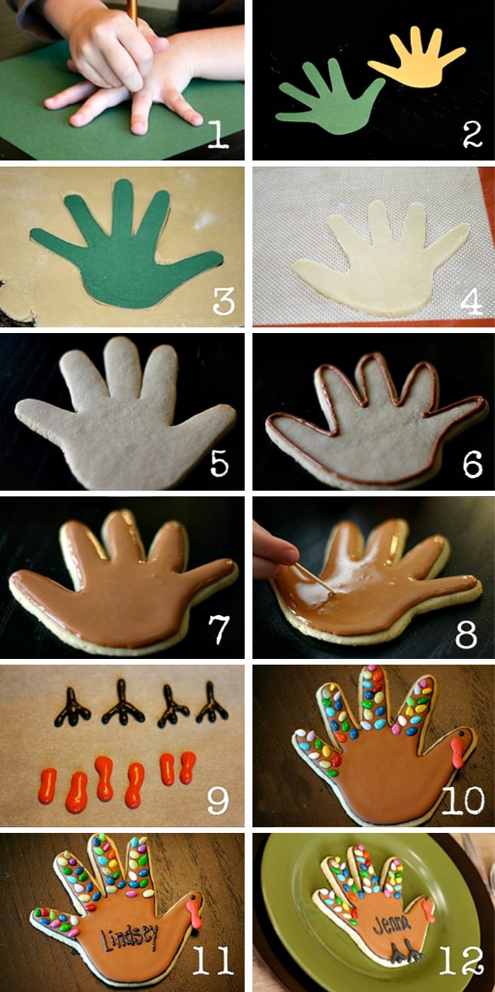 step by step pictures showing how to make turkey handprint sugar cookies in 12 easy steps