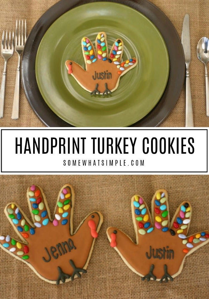 Turkey Handprint Cookies are a fun Thanksgiving treat that your kids will surely love! Made with a sugar cookie base and then shaped and decorated to look like a turkey. The best part is they're super easy to make. These really are the perfect cookie recipe to make during Thanksgiving. via @somewhatsimple