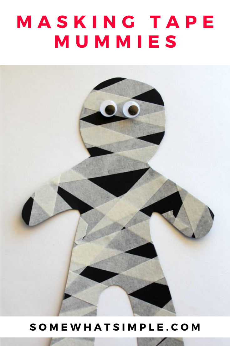 Making a mummy doesn’t have to be scary! With some masking tape, googly eyes, and our free printables, you can create a fun and simple mummy craft for Halloween. via @somewhatsimple