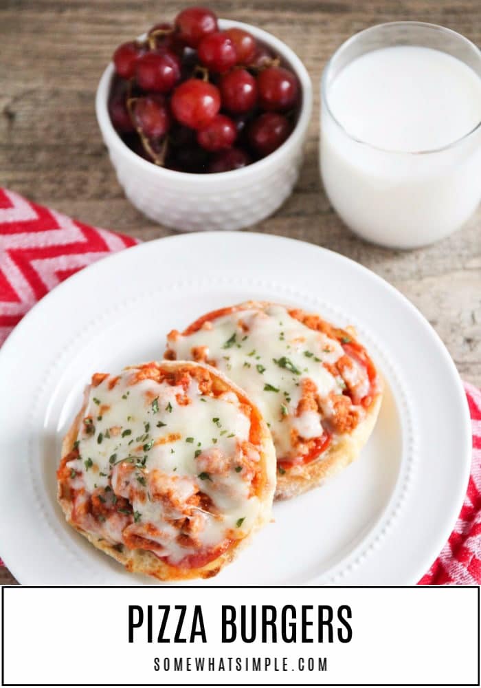 Deliciously messy pizza burgers have all the flavors of your favorite pizza.  Served on classic English muffins, loaded with toppings, and toasted to perfection! via @somewhatsimple