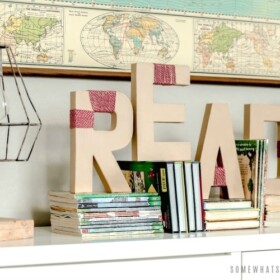 yarn wrapped letters on a book shelf that spell out the word read
