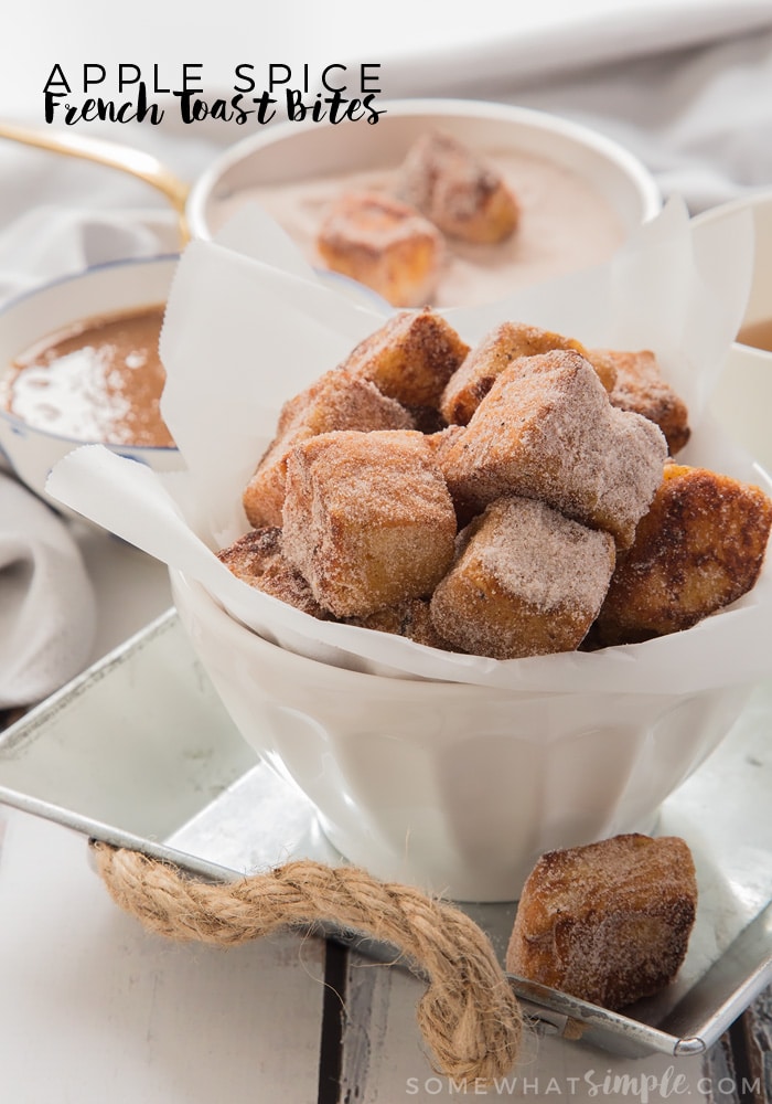 Crisp and sweet French Toast Bites rolled in apple spice sugar and dunked in apple pie sauce! The perfect Fall treat! via @somewhatsimple