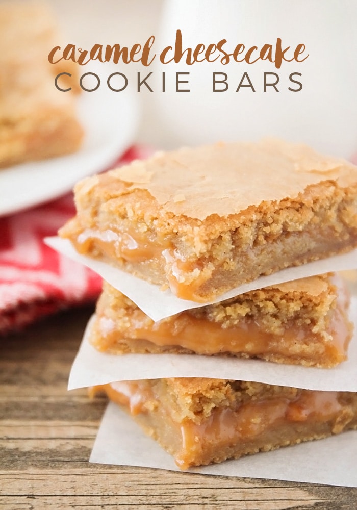 Caramel cheesecake cookie bars are a delicious salty & sweet dessert that's super easy to make! All of the delicious cheesecake flavors drizzled with caramel, all in an amazing cookie bar. This recipe is easy to make and is guaranteed to knock your socks off. via @somewhatsimple