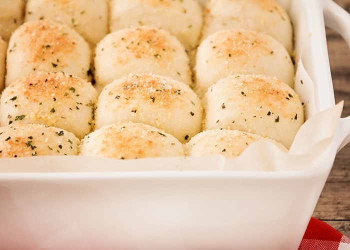 a pan of Garlic Parmesan One Hour Rolls