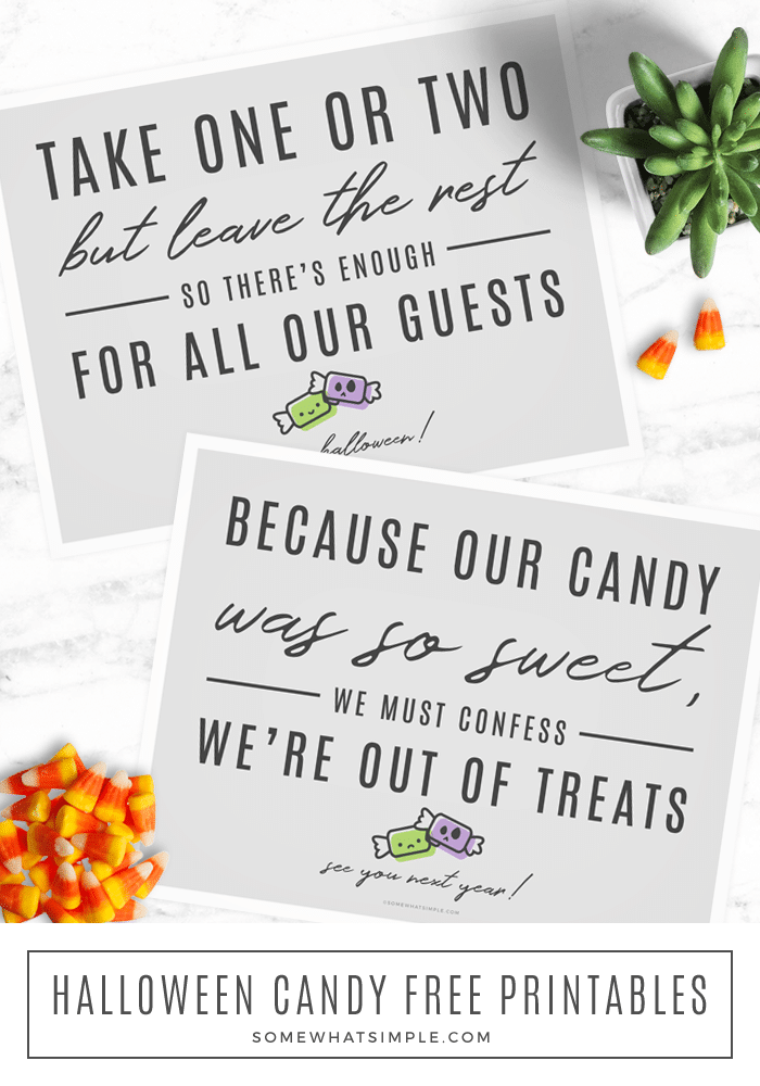 We love these simple Halloween Candy Signs! Just print and place, and let Trick or Treaters know how many pieces to take, and when you're out of candy! Download your free copies today! You'll get both the Take One and the Out Of Candy signs. #outofcandysign #halloweencandysign #nocandysign #signtoleaveoutwithhalloweencandy #halloweencandyfreeprintable via @somewhatsimple