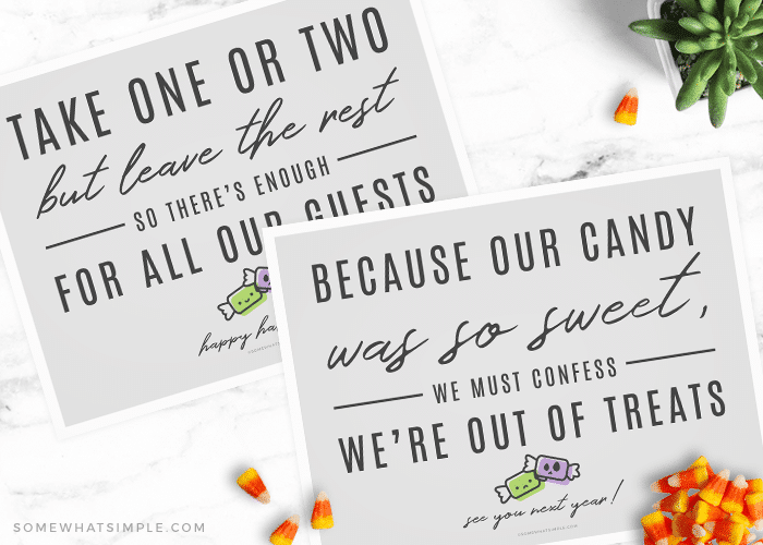 an out of candy halloween sign and a take one candy printable