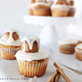 cinnamon roll cupcakes on the counter