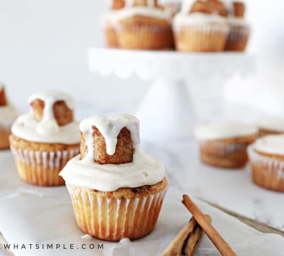cinnamon roll cupcakes on the counter