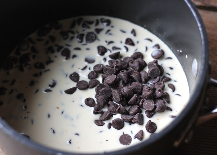 chocolate chips and other ingredients in a pot