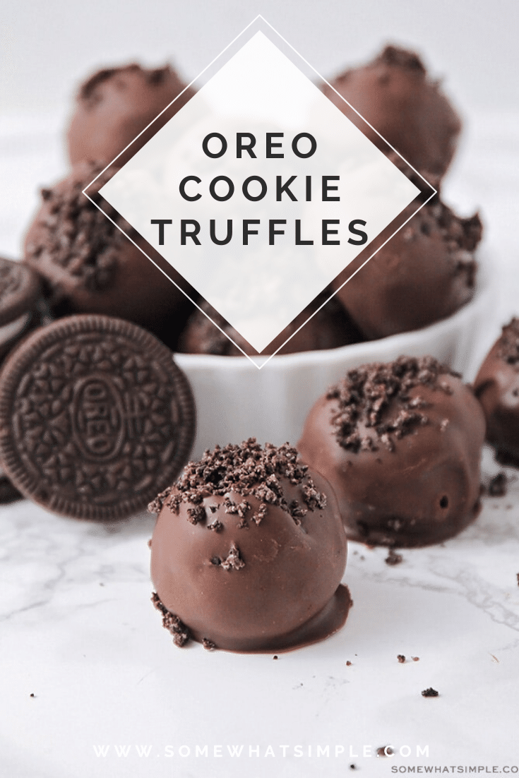 Oreo Cookie Truffles are an easy dessert that are made with the amazing combo of Oreo cookies and cream cheese. You only need 3 ingredients, so they're really easy to make and can be prepared in about 5 mins! These Oreo cookie balls are no bake and no fuss. I promise, you're going to love these! via @somewhatsimple