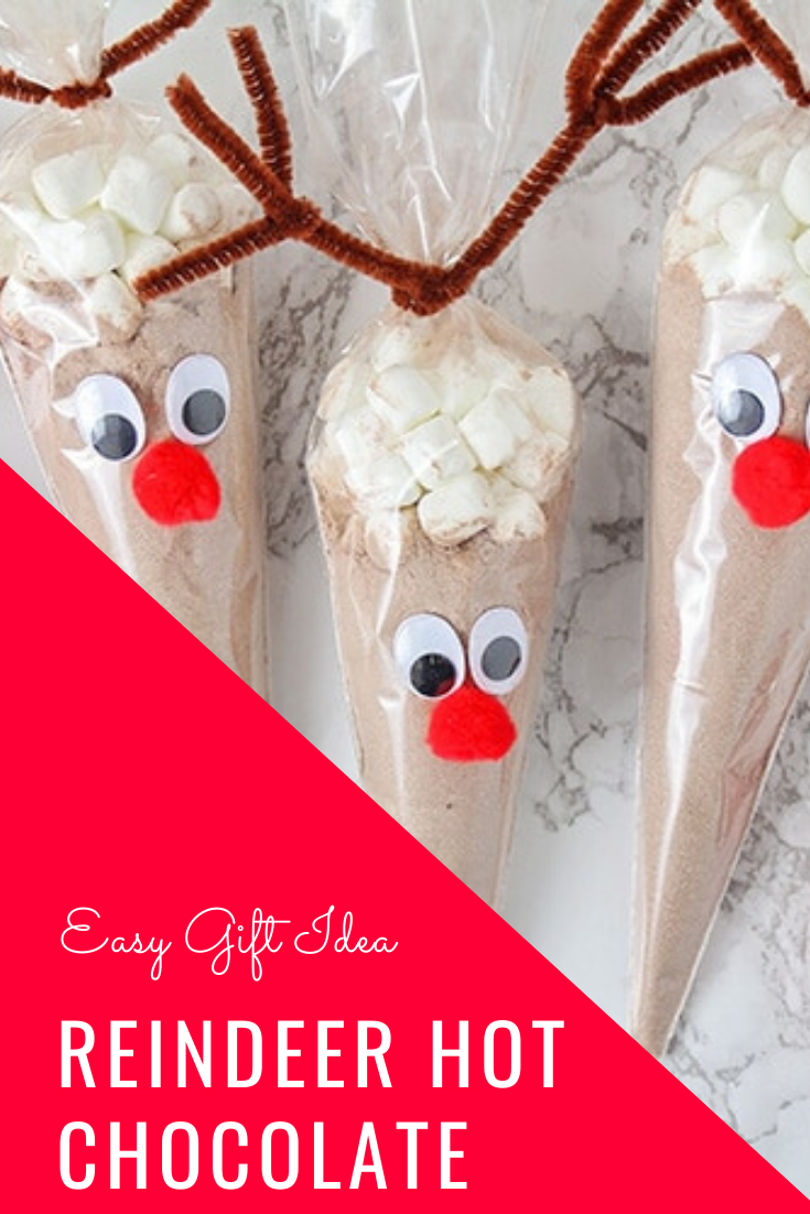 Reindeer hot chocolate bags are an easy and fun gift idea for this Holiday season.  Using just a few simple items, you can quickly make these adorable reindeer cocoa gifts for everyone on your list. This easy DIY Christmas gift idea is perfect for your neighbors or coworkers. via @somewhatsimple