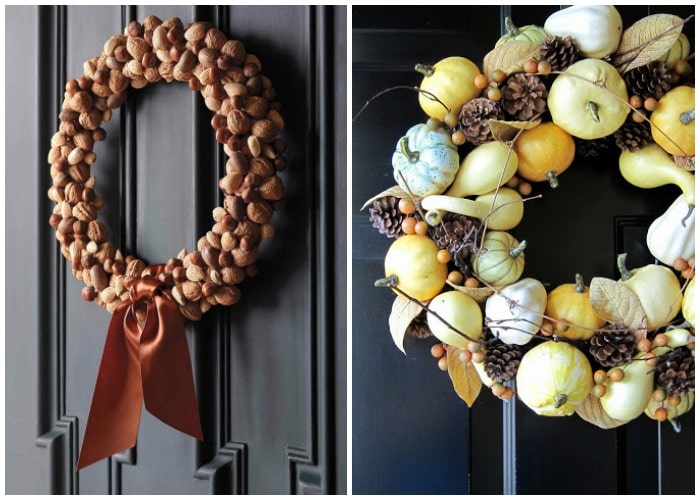 two thanksgiving wreaths hanging on dark doors