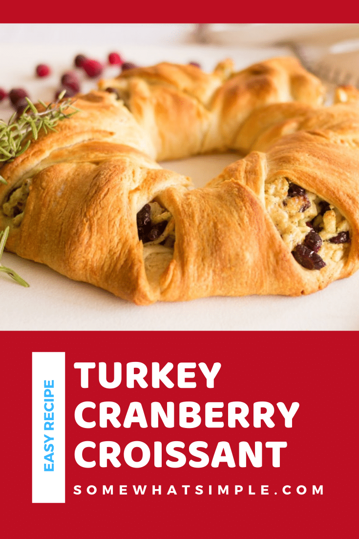 These turkey cranberry croissant wreaths are a festive and delicious way to enjoy the Thanksgiving season. They're made with turkey, fresh cranberries and other delicious ingredients all wrapped up in a warm croissant wreath. This is a perfect recipe for any turkey leftover from Thanksgiving dinner. via @somewhatsimple